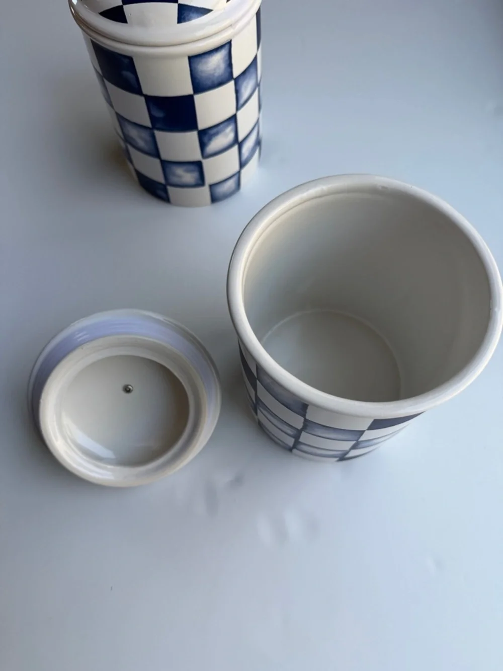 Blue & White Checkered Ceramic Canister with Clear Knob on Lid